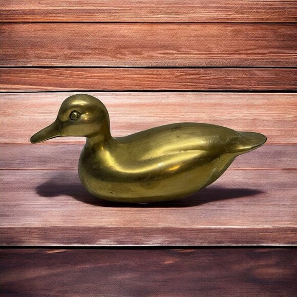 VTG Solid Brass Full Body Duck Figure Green Felt Bottom